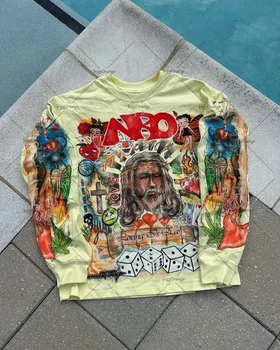 Y2K 하라주쿠 레트로 트렌디 탑 유럽과 미국의 고딕 펑크 스타일 프린트 풀오버 남성 락 스트리트 오버 사이즈 그래픽 티셔츠