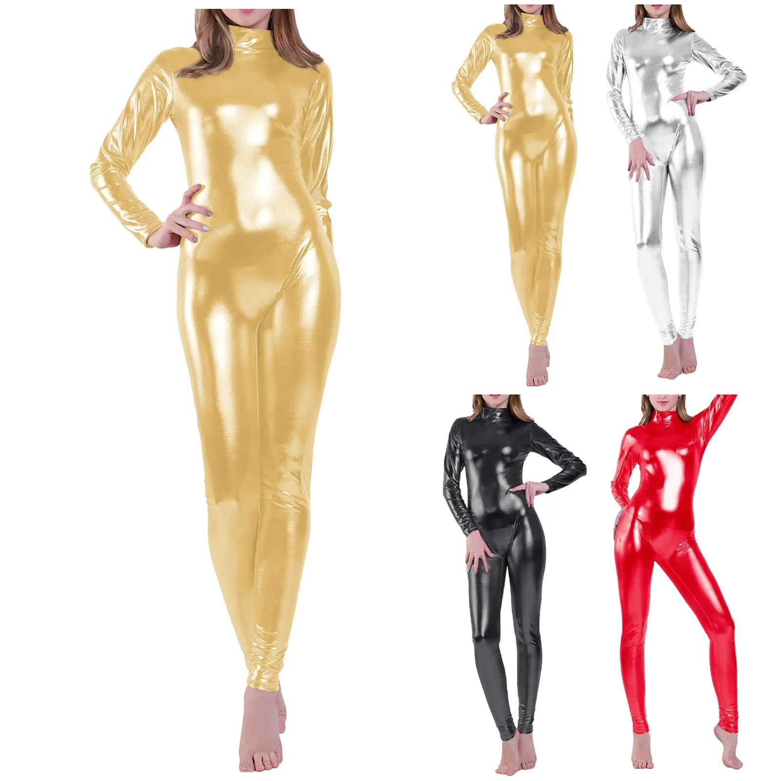 

Women's Shiny Patent Leather Full Body Bodysuits Women Dance Nightclub Jumpsuit Ladies Sexy Catsuit Skinny Halloween Costume