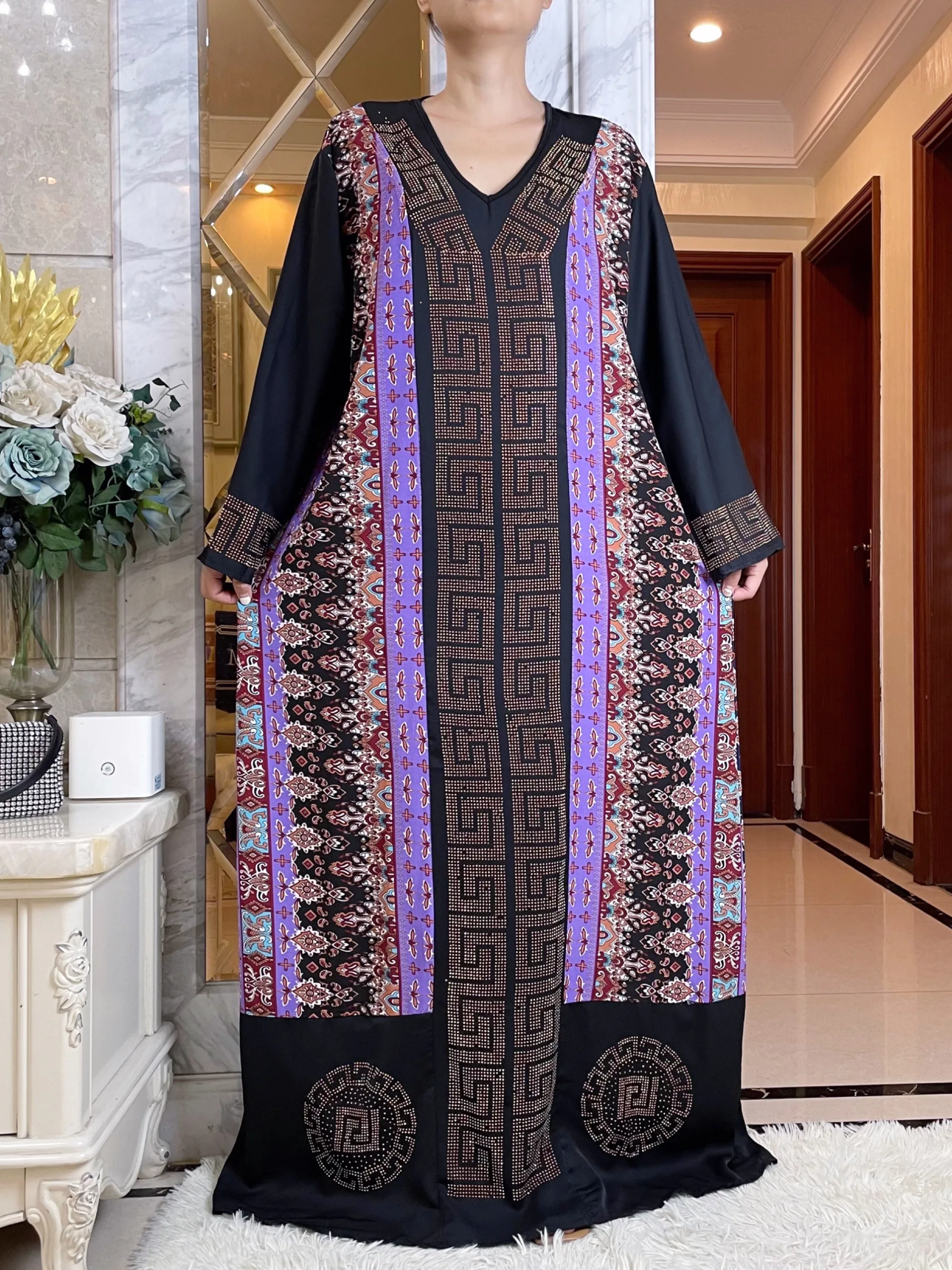 2023 Fashion African Autumn Party Dress Stylish Women Vintage Print Collage Satin Sundress Casual Long Sleeve V-neck Abaya