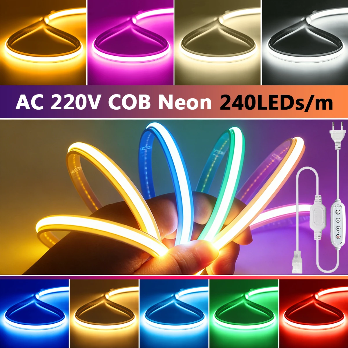 Waterproof COB Neon LED Strip Light AC 220V 4key Dimmer With EU Plug 240 LEDs/m Warm Natural Red Green Blue Flex Tape Home Decor