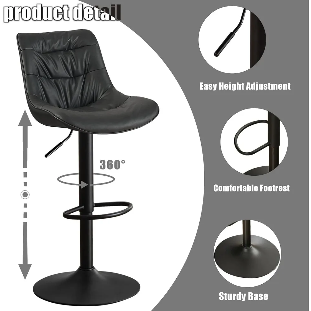 Kidol & Shellder Barhocker, 2er-Set, drehbare, verstellbare Thekenhocker mit Rückenlehne, PU-Leder gepolsterter moderner Barstuhl