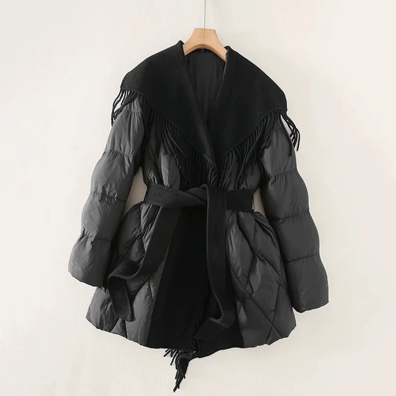 Design Sense Woolen Patchwork Down Cotton Coat Women Winter Jacket Korean Lapel Waist Cinched Mid Length Parker Overcoat