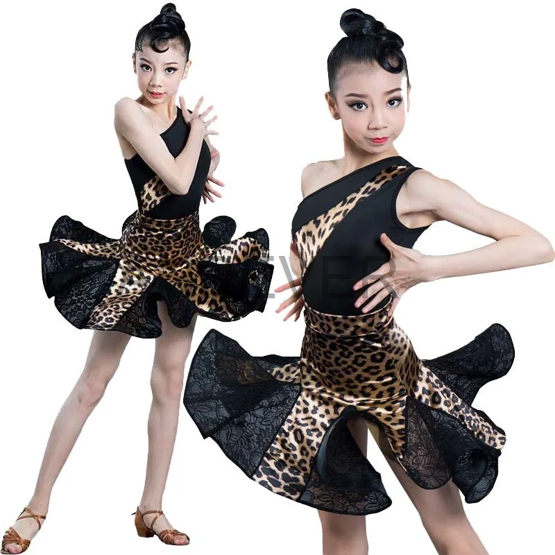 

sexy Latin Dance Costume For Girls Ballroom Salsa Tango top Skirts Kids Child lace Leopard Latin Dance Split Dress Leotard Skirt