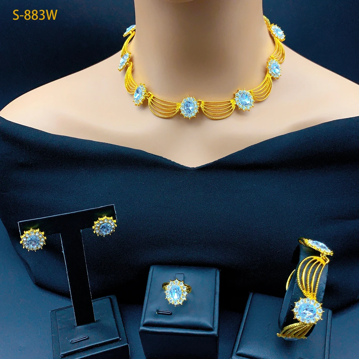 

Fashion Dubai Bridal Necklace Earrings Sets White crystal Indian Wedding 24k Gold Color Jewelry Set Ethiopian Choker Wholesales
