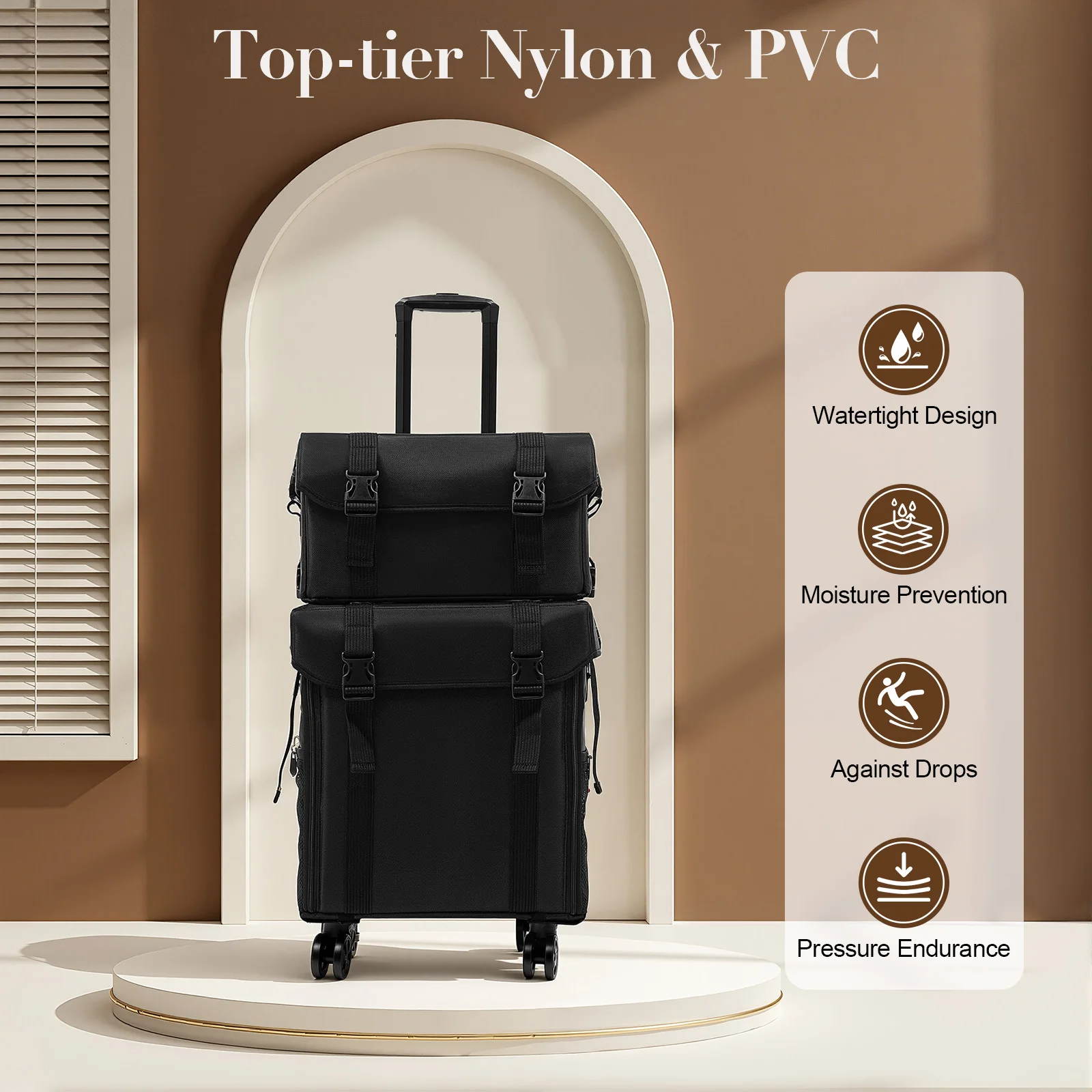 Trolley cosmétique 2 en 1, valise à roulettes pour maquillage avec 8 tiroirs et porte-pinceaux, organiseur de rangement portable pour maquilleurs