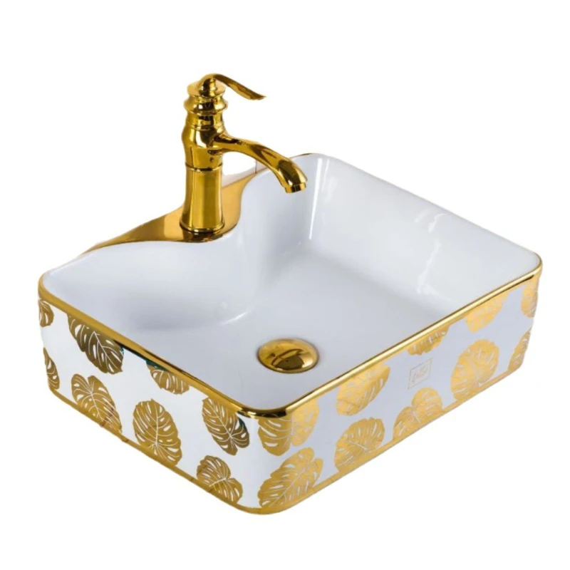 

Electroplated gold washbasin color gold basin large leaf flower table light luxury rectangular with faucet hole table