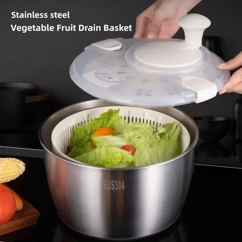 Secador de frutas y verduras de acero inoxidable, escurridor, deshidratador, Spinner para ensalada, limpieza de ensalada y frutas y verduras, centrífuga, herramientas de cocina