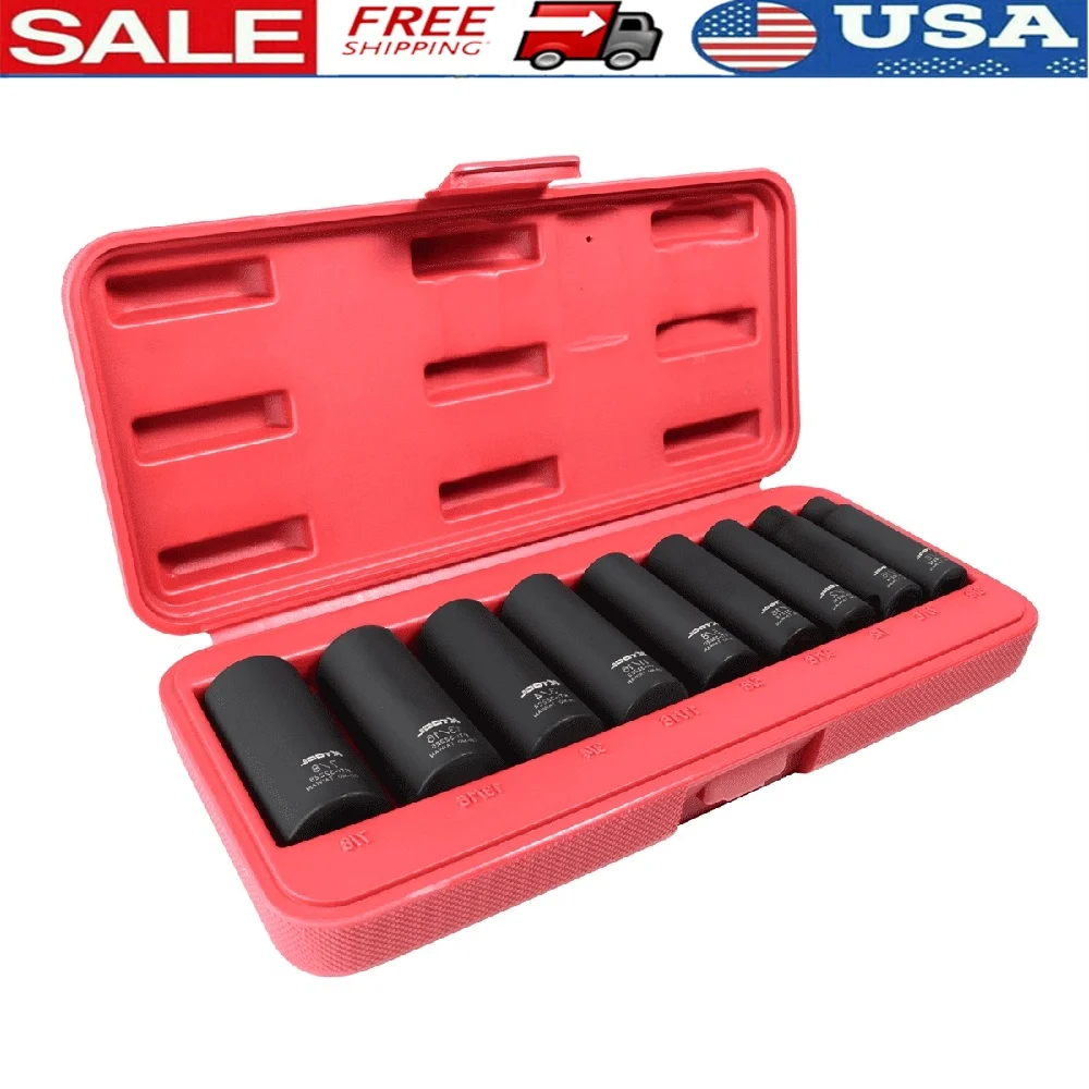 

12 Piece Impact Socket Set 1/2 Inch Drive Deep 6 Point Chrome Moly Steel Thin Wall Laser Engraved Metal Box