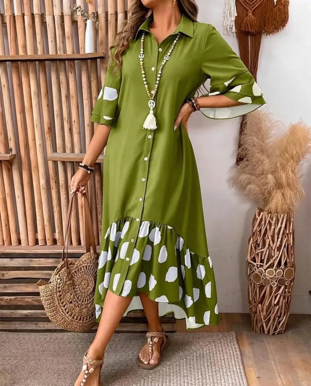 Fashion Polka Dot Printed Dress For Women Elegant Commuting Loose Lapel Single Breasted Flared Sleeves Spliced ​​big Hem Dresses