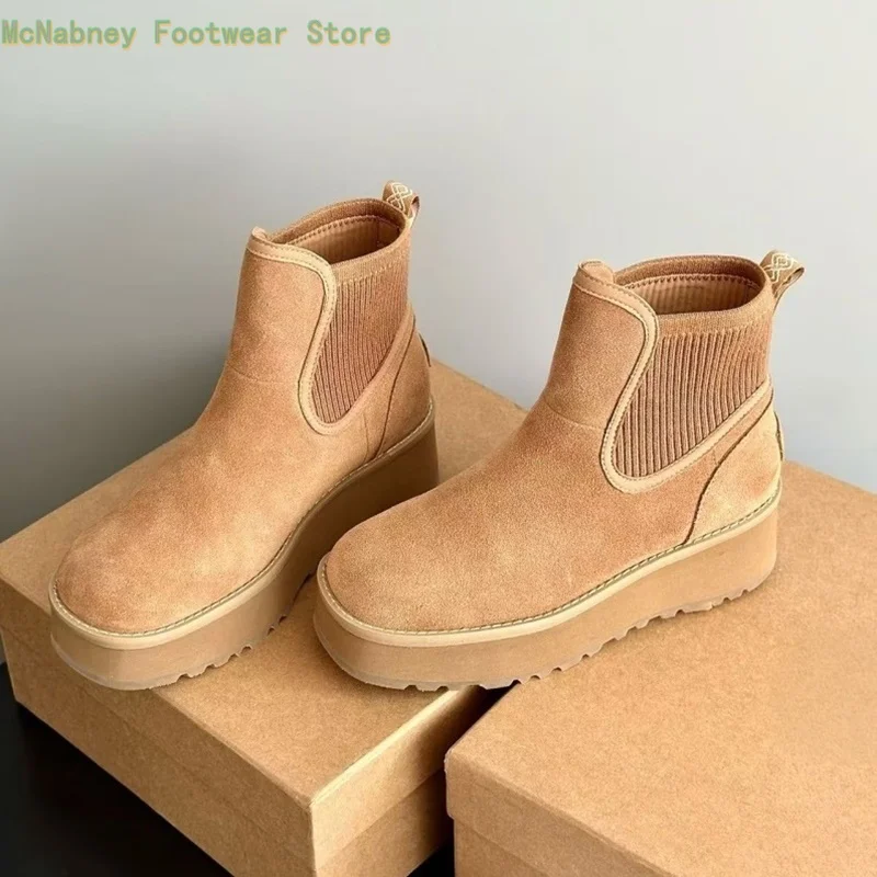 

New Models Thick Sole Snow Boots Square Head Waterproof Platform Women's Boots Plush Thickening Fur And Leather Ankle Boots