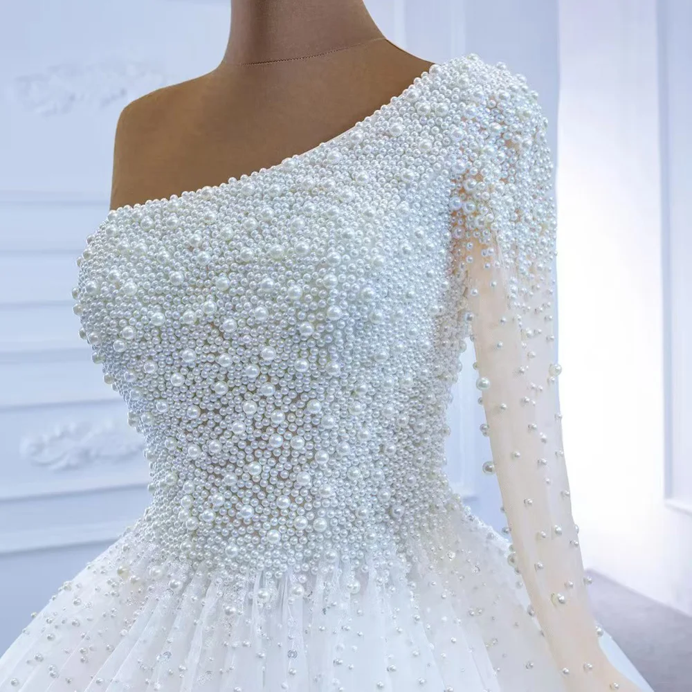 Customized One Shoulder Lace Up Back Wedding Dress Beading Pearls Ball Gown Abiti Da Sposa 2025