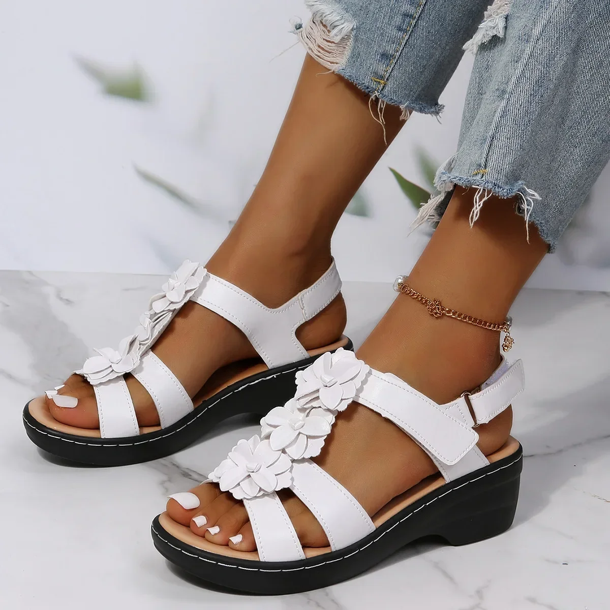 Shoes for Women\'s Summer  Fashion Flower Round Toe Sandals Women Platform Wedge Sandals Women Roman Comfort Sandalias