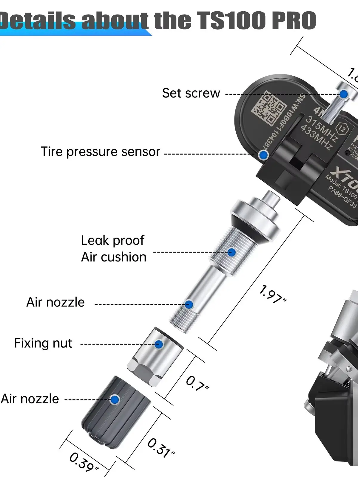 XTOOL TS100PRO TPMS-Sensor Gummi / Version Scanner 433MHZ & 315MHZ Reifendrucksensor-Monitor-Testwerkzeuge Kompatibel mit XTOOL TP150 IP819TP TP580