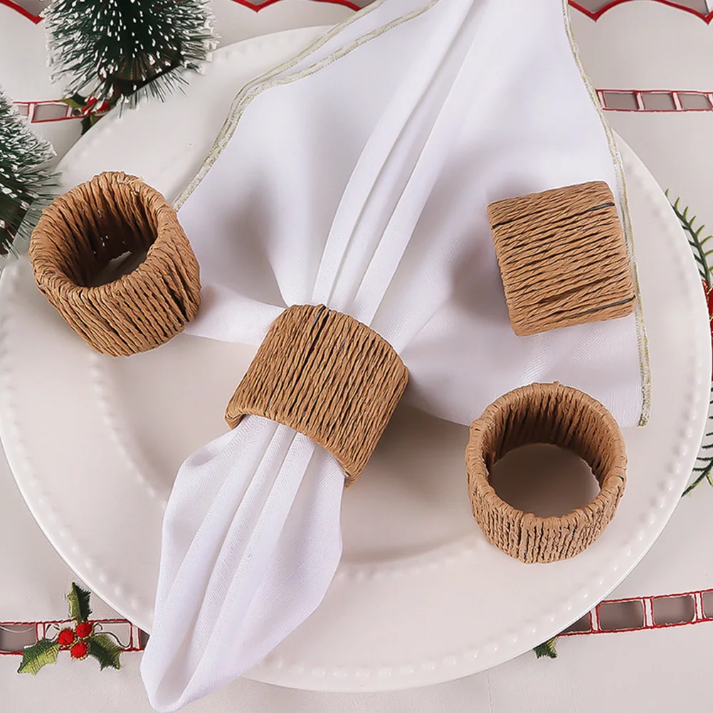 

4pcs Straw Handwoven Napkin Rings Cattail Grass Foliage Holders for Table Decor Valentine's Day Wedding Party Dining