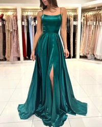 2024 Dark Green Long Satin Bridesmaid Dresses For Wedding Party Spaghetti Straps Slit Sexy Backless Maxi Women Gowns Evening