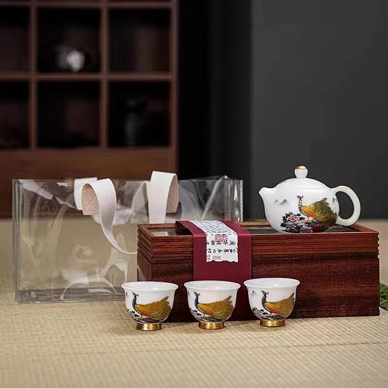 Tea Set Ice Jade Porcelain Three Cups One Pot Sheath Wooden Box Porcelain Kung Fu Tea Set Travel Tea Set Gift Packaging Gift