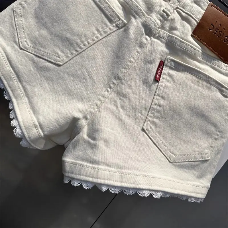 韓国風スプライスレースデニムショートパンツ レディース 2025デザイン ハイウエストゴム入り万能ホットパンツ