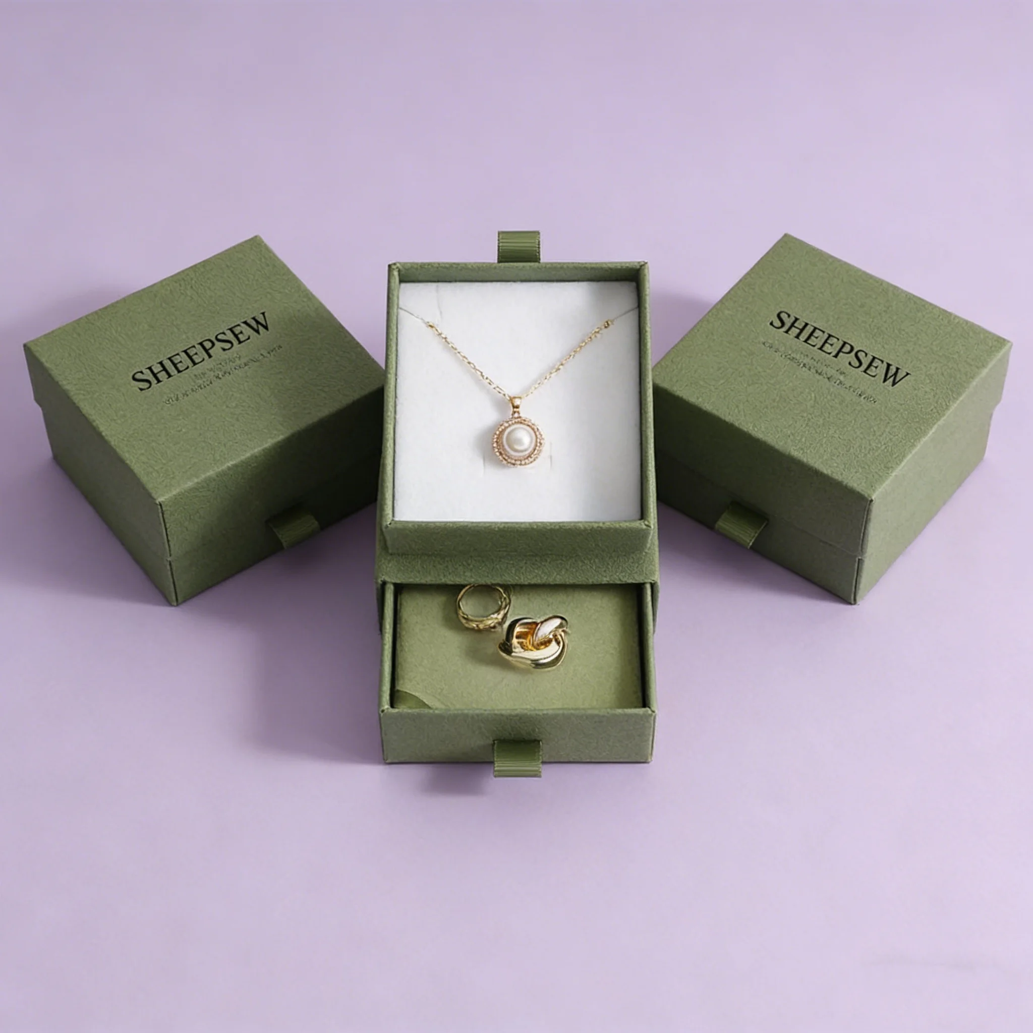 

SHEEPSEW 9*9cm Drawer Jewelry Box With Microfiber Pouch Bag, Cardboard Necklace Earring Packaging Box, Custom Logo Gift Box