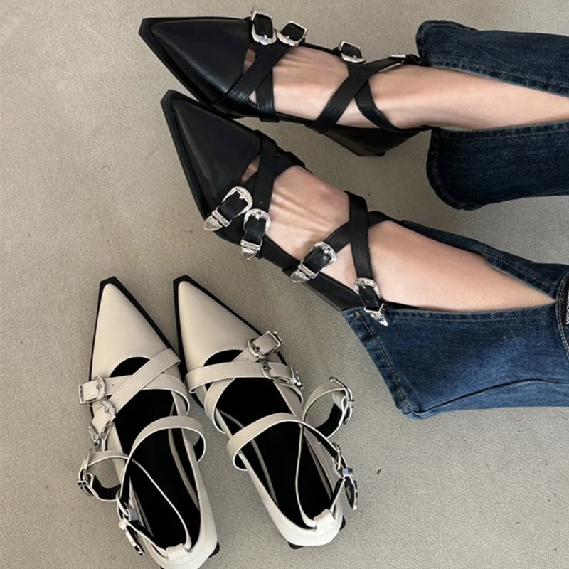 Designer Ladies Flat With Shoes New In 2023 Luxury Summer Spring Fashion Buckle Female Shallow Pointed Toe Flats Shoes For Women