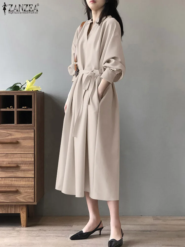 ZANZEA 2024 Women Belted Robes Shirt Dress Vintage Solid V-neck Long Vestidos Spring Long Sleeve Office Lady Pocket Midi Dresses