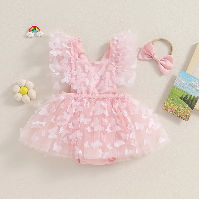 Newborn Infant Baby Girls Summer Romper Dress 3D Butterfly Flying Sleeve Square Neck Tulle Playsuit Jumpsuit with Headband