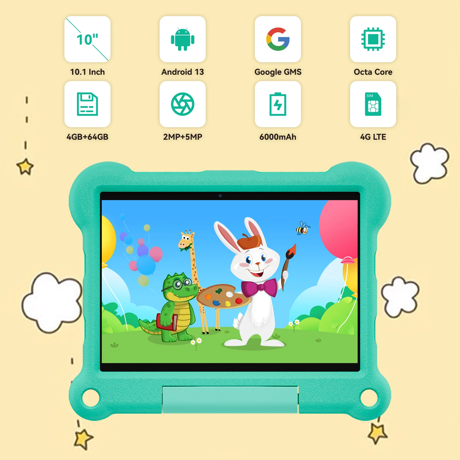 Adreamer KidsPad10 10.1 Inch Children Tablets Android 11 Octa Core 4GB RAM 64GB ROM 4G LTE 6000mAh Learning Tablets for Kids