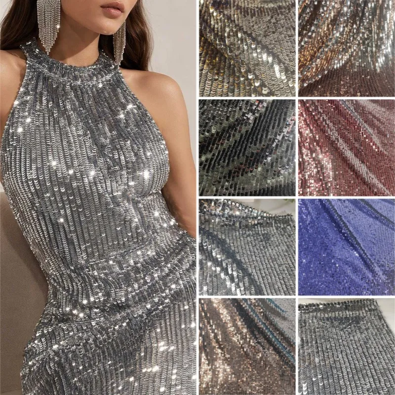 5mm Sequin Embroidery Fabric Stretch Mesh Base Vertical Strip Sequins Cloth for DIY Stage Costume Wedding Dress Evening Gown