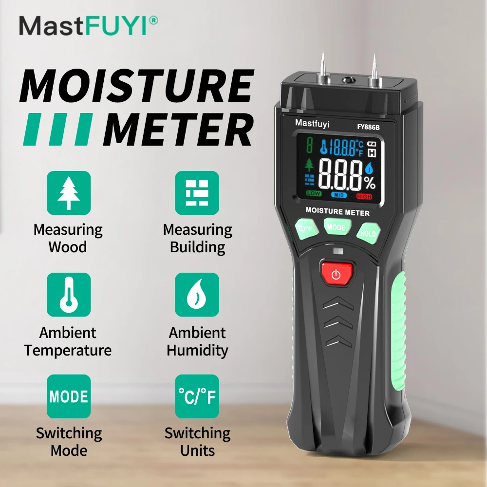 Mastfuyi-digital Madeira Umidade Medidor Temp Ambiente Teste de Umidade Edifício Higrômetro Madeira Detector de Umidade Fy886b