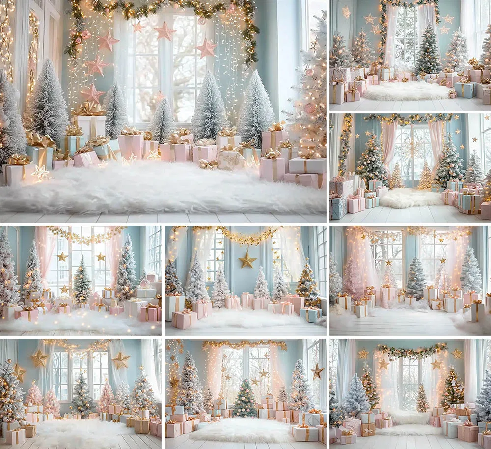 

Mehofond Photography Backdrop Christmas Trees Stars Newborn Birthday Portrait Window Tulle Curtains Gift Decor Photo Background