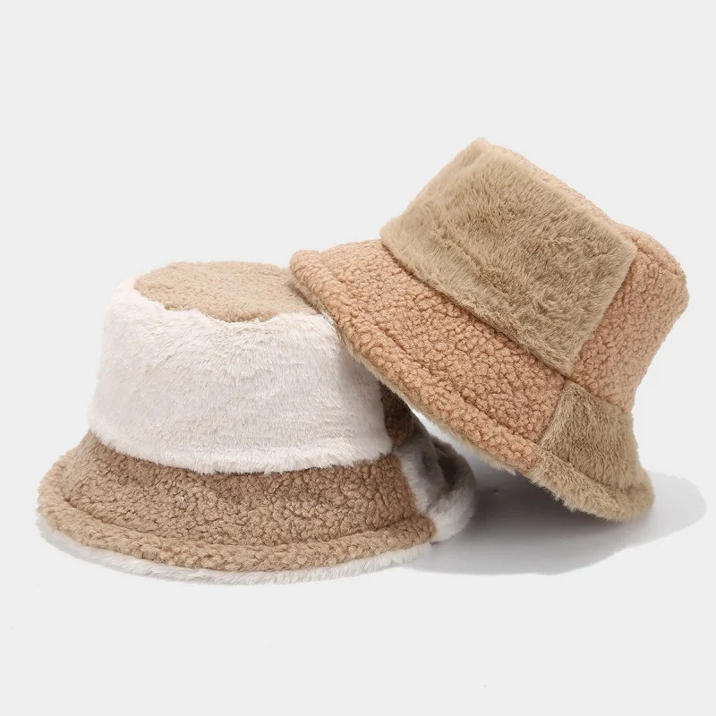 Fashion Spliced Lamb Wool Fisherman Hat Women European American Elegant Versatile Bucket Cap Autumn Winter Warm Couple Beanies