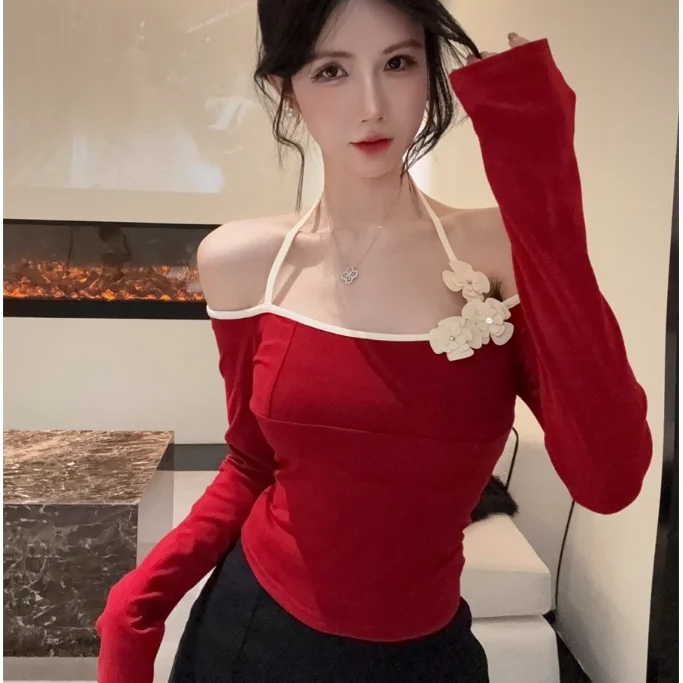 

American Niche Retro Hottie One-shoulder Flower Halterneck Contrasting Color Long-sleeved Slimming Short Off-shoulder Top Women