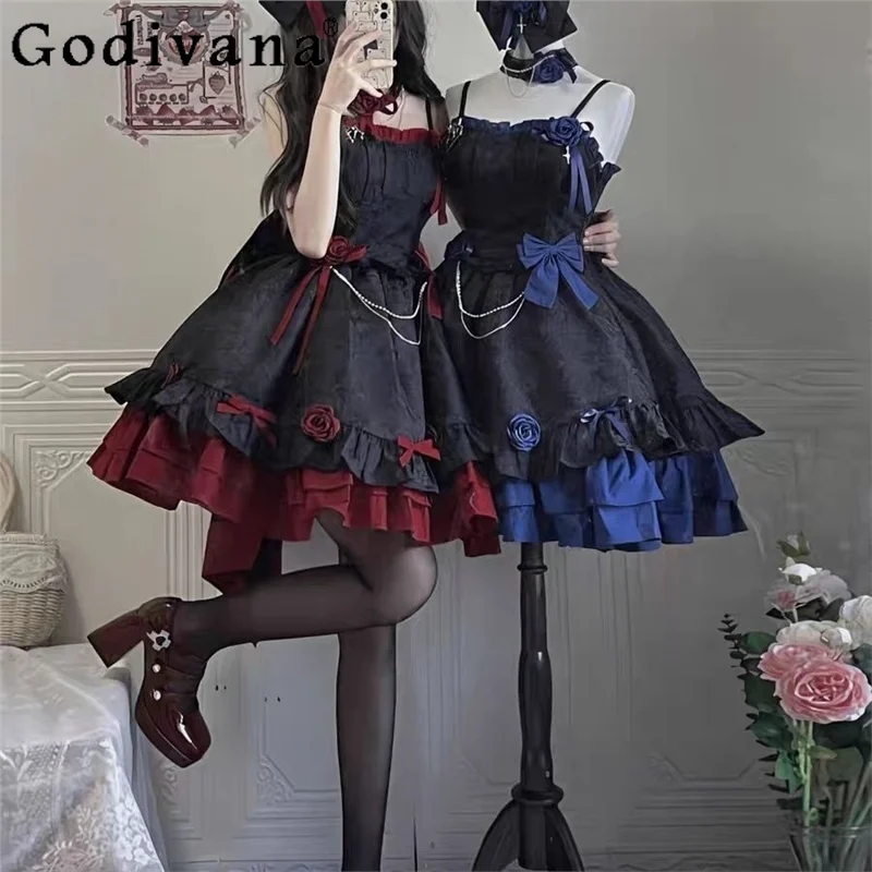 

Black Red Lolita Strap Dress for Women Sweet Lolita Dark Gothic Style Dress Female Japanese Style High Waist Strap Dress
