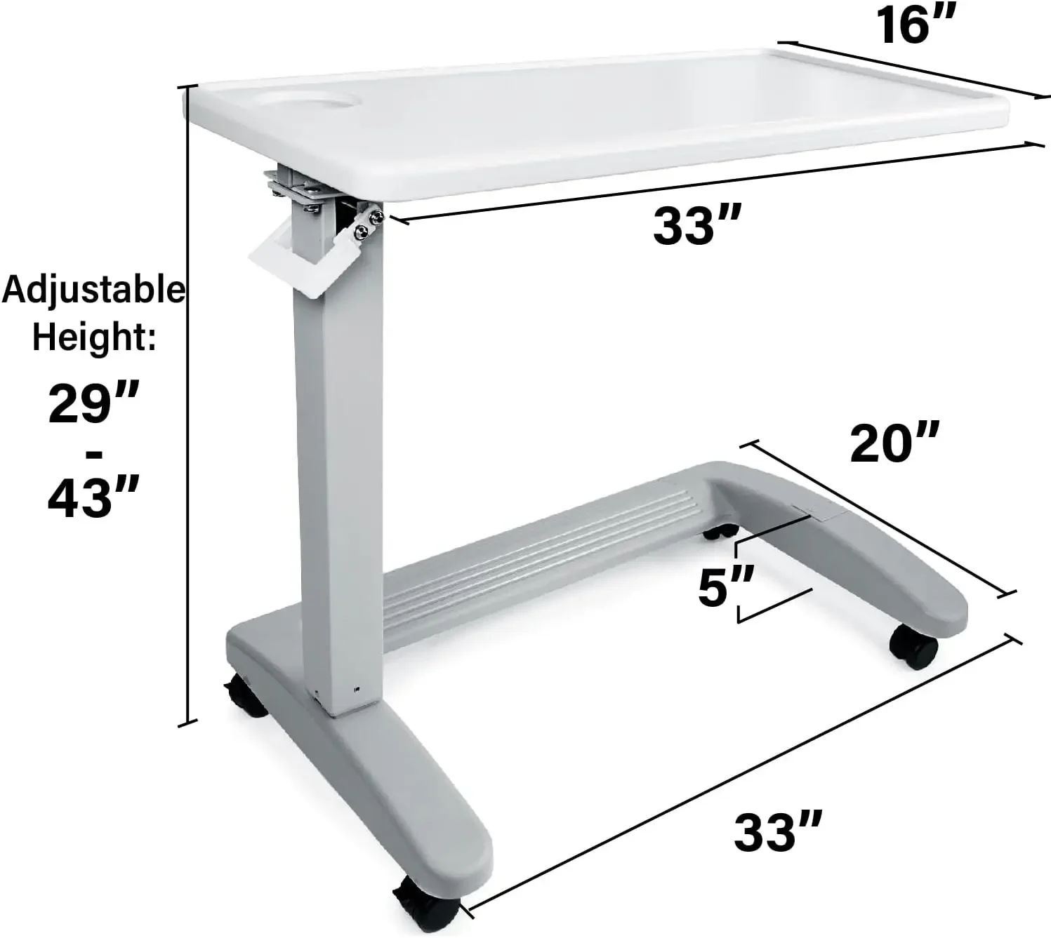 Mesa de cabeceira médica ajustável com rodas (uso hospitalar e doméstico), nova mesa, cinza claro