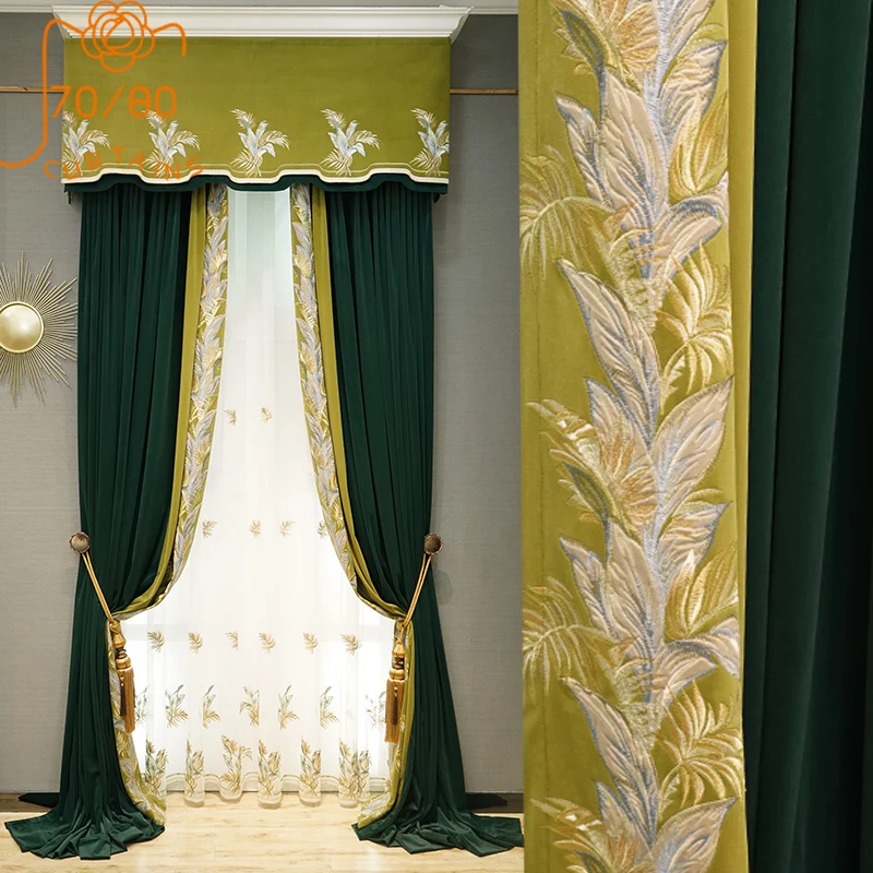 

American Dark Green Flannelette Leaf Embroidery Stitching Curtains for Living Room Bedroom French Window Villa Customization