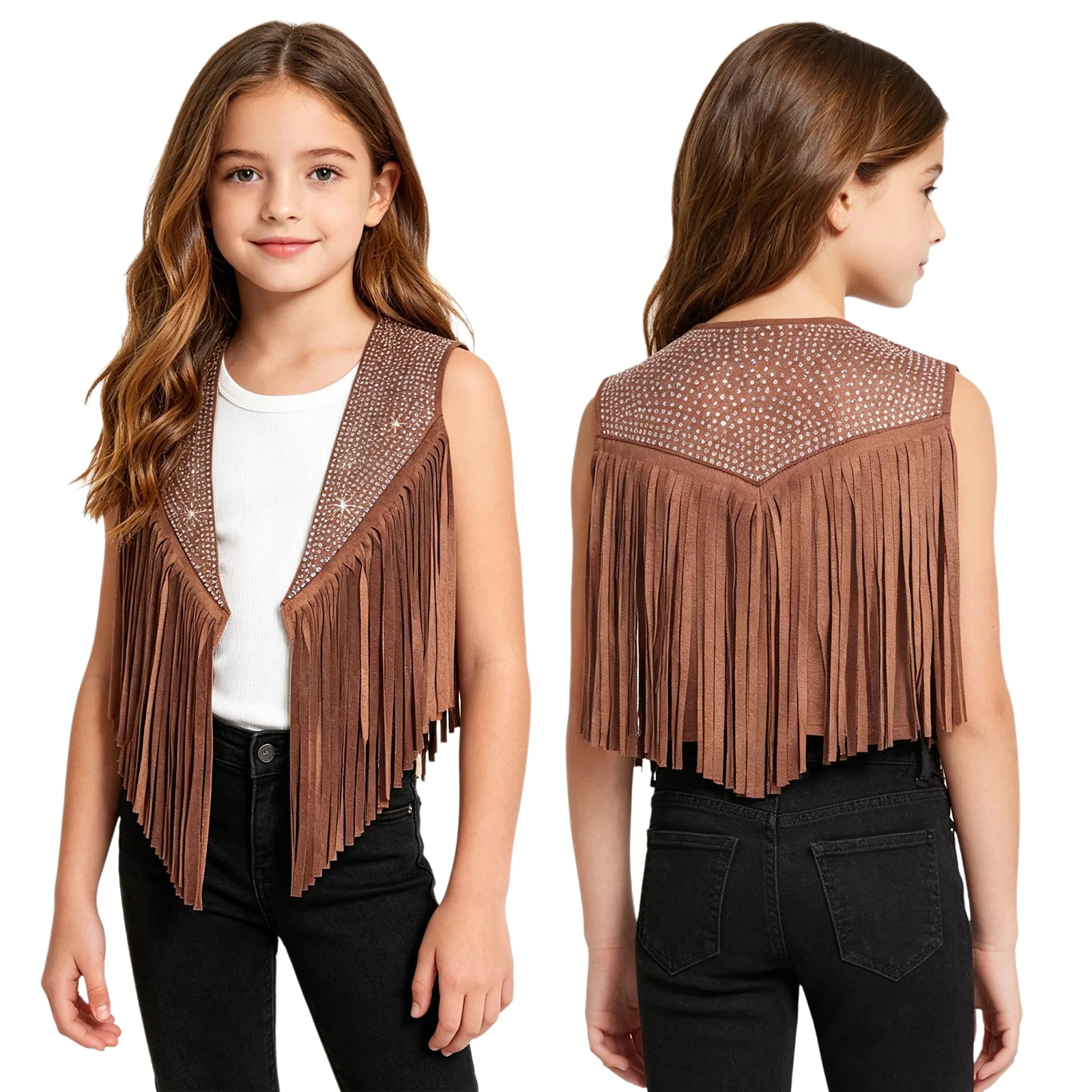 Kids Girls Western Cowboy Costume Carnival Cowgirl Tassels Fringe Vest Rhinestones Halloween Suede Open Front Waistcoat Dress Up