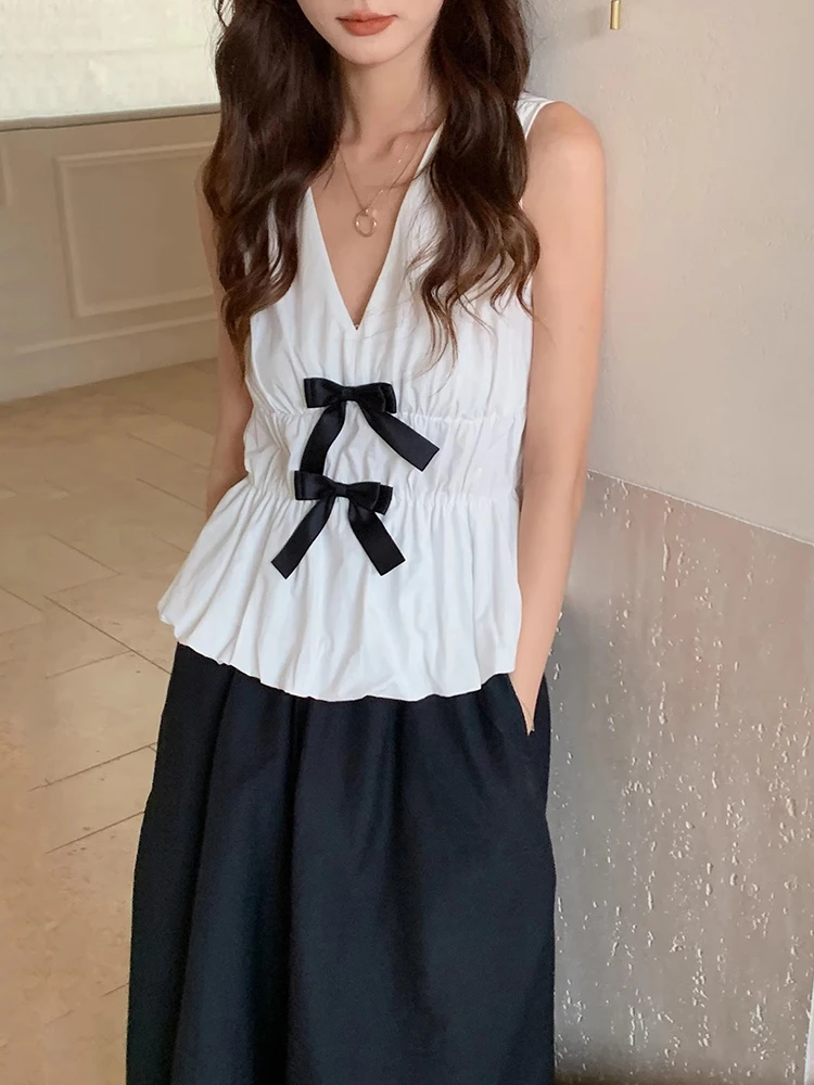 

Cute Bow Vest Shirt Women's Summer New Style Pleated Slim Waist Top