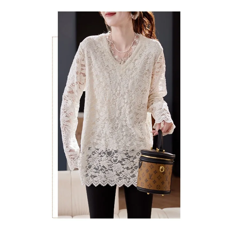 Autumn Winter New Style V-neck Fashion Temperament Versatile Lace Shirt Women's Style Foreign Style Hollow Versatile Trend