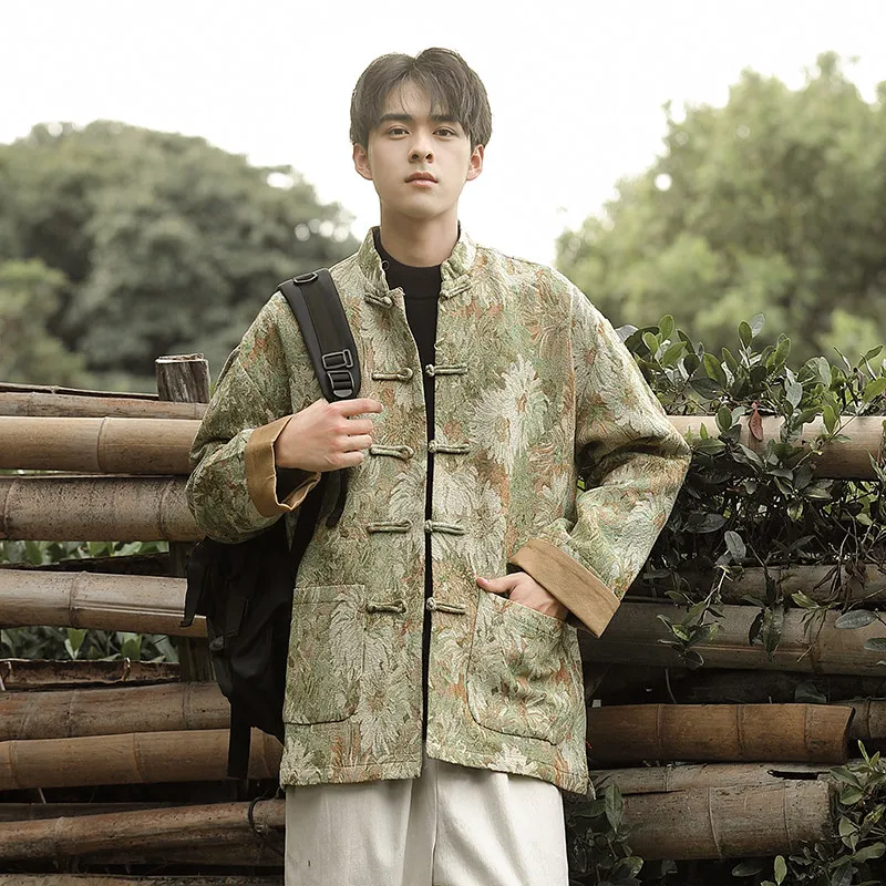 

Ретро-костюм в китайском стиле Тан с длинными рукавами, воротником-стойкой, повседневная куртка с пуговицами и цветочной вышивкой