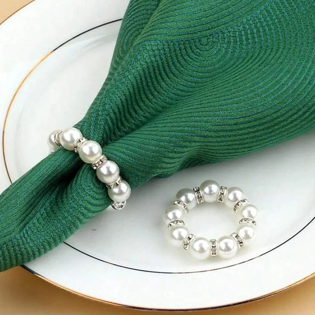 24Pcs Beaded Napkin Rings Fake Pearl Rhinestone Sparkling Napkin Holders for Restaurant Home Table Setting Wedding Festive Decor