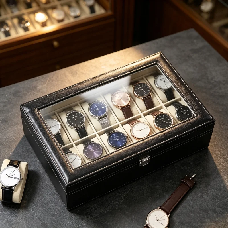 3/12 Slots PU Leather Watch Display Box, Wristwatch Storage Organizer Gift Case for Men Wrist Watches Home Collection