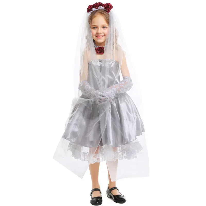 Beautiful Halloween Girls Skeleton Bridge Wedding Dress Cosplay Costume Kids Carnival Stage Performance Suit