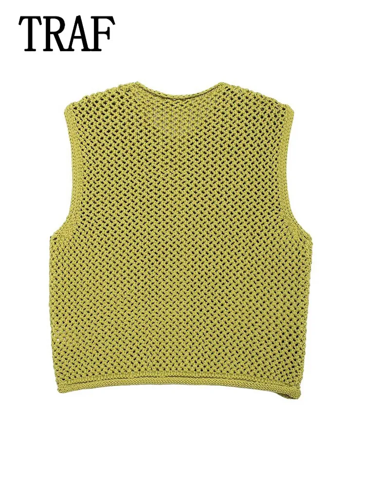 TRAF Women Knitted Vest 2024 New Fashion Women Sleeveless Casual Cropped Sweaters Vests Female Chic Single Breasted Waistcoat