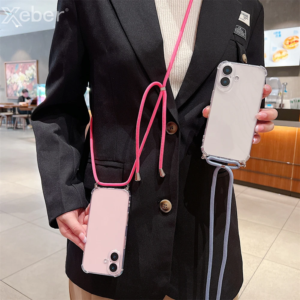 For iPhone 18 17 16 15 14 ProMax Crossbody Necklace Cord Lanyards Transparent Case For iPhone 11 12 13 Pro Max XS XR Soft Cover