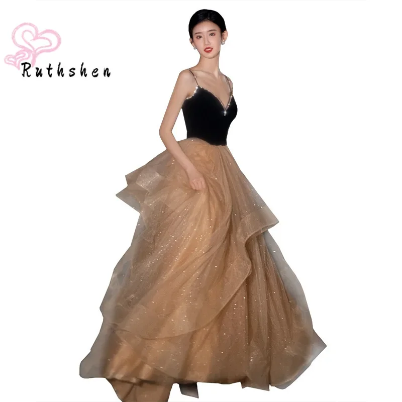 Customized Spaghetti Prom Dresses 2025 Black Vestidos De Gala Long Party Evening Gowns Layers Host Gold Dress for Birthday Party