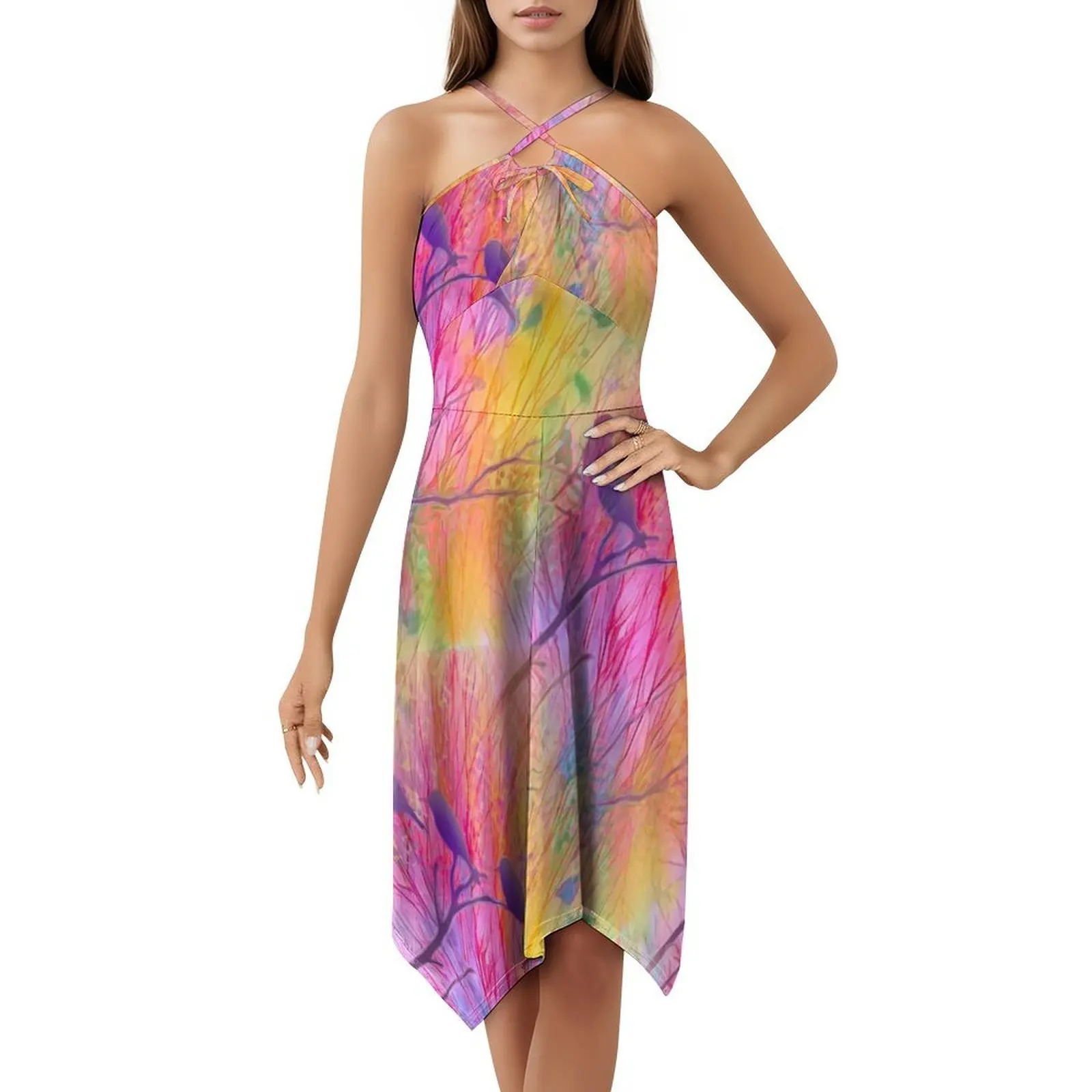 الطيور في بوش (فن المعيشة) فستان بفتحة عنق على شكل قلب فستان أنيق للحفلات الصيفية للنساء فن المعيشة المعاصر