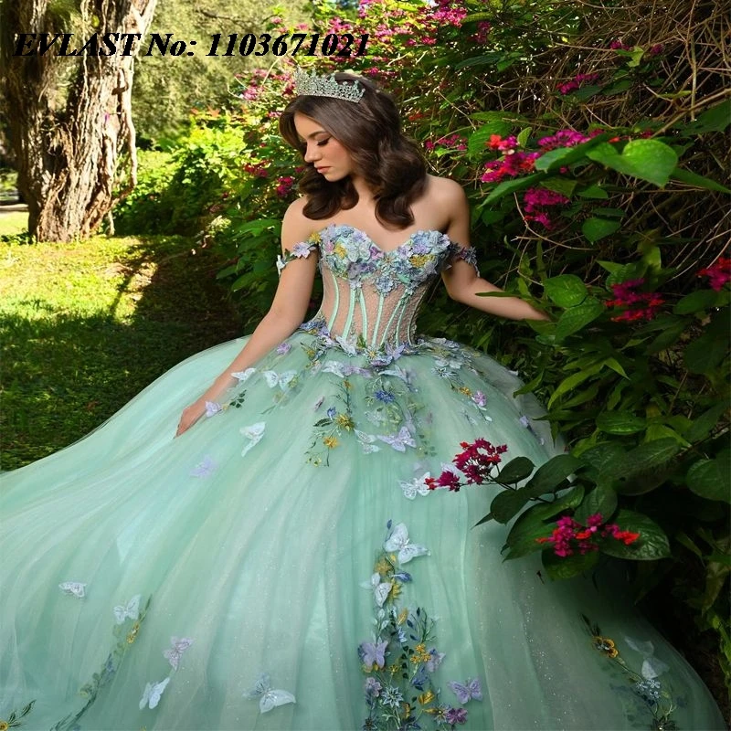 EVLAST Maßgeschneidertes salbeigrünes Quinceanera-Kleid, Ballkleid, bunte Blumenapplikation, Perlenstickerei, Sweet 16, Vestidos De XV 15 Anos SQ111