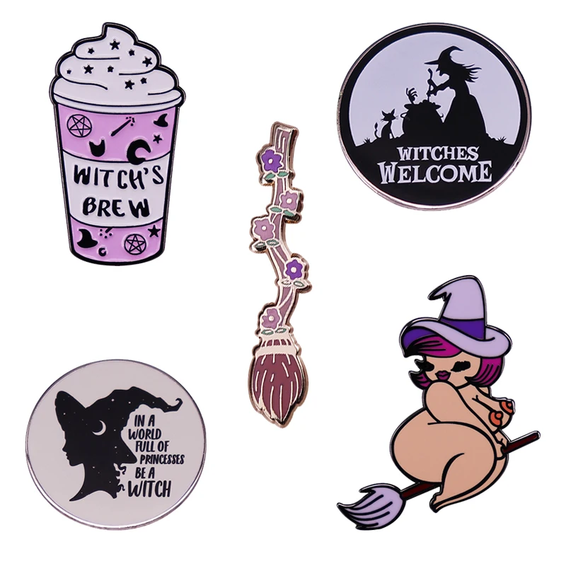 Witch Lapel Pin Collection Magic Broomstic Brooch Ice Cream Mug Frappuccinoo Badge Witches Welcome Jewelry