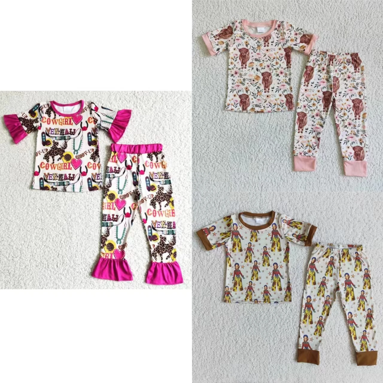 

Promotion Wholesale Western Sleepwear Outfit Kids Toddler Short Sleeves T-shirts Pants Pajamas Baby Girls Children Cow Horse Set