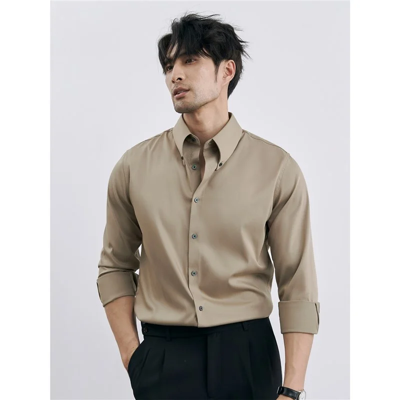 

Italian Luxury Iron-Free Coffee irt Men's Casual Busin Versatile High-End Summer irt arp Collar Long Sve Denim Sle