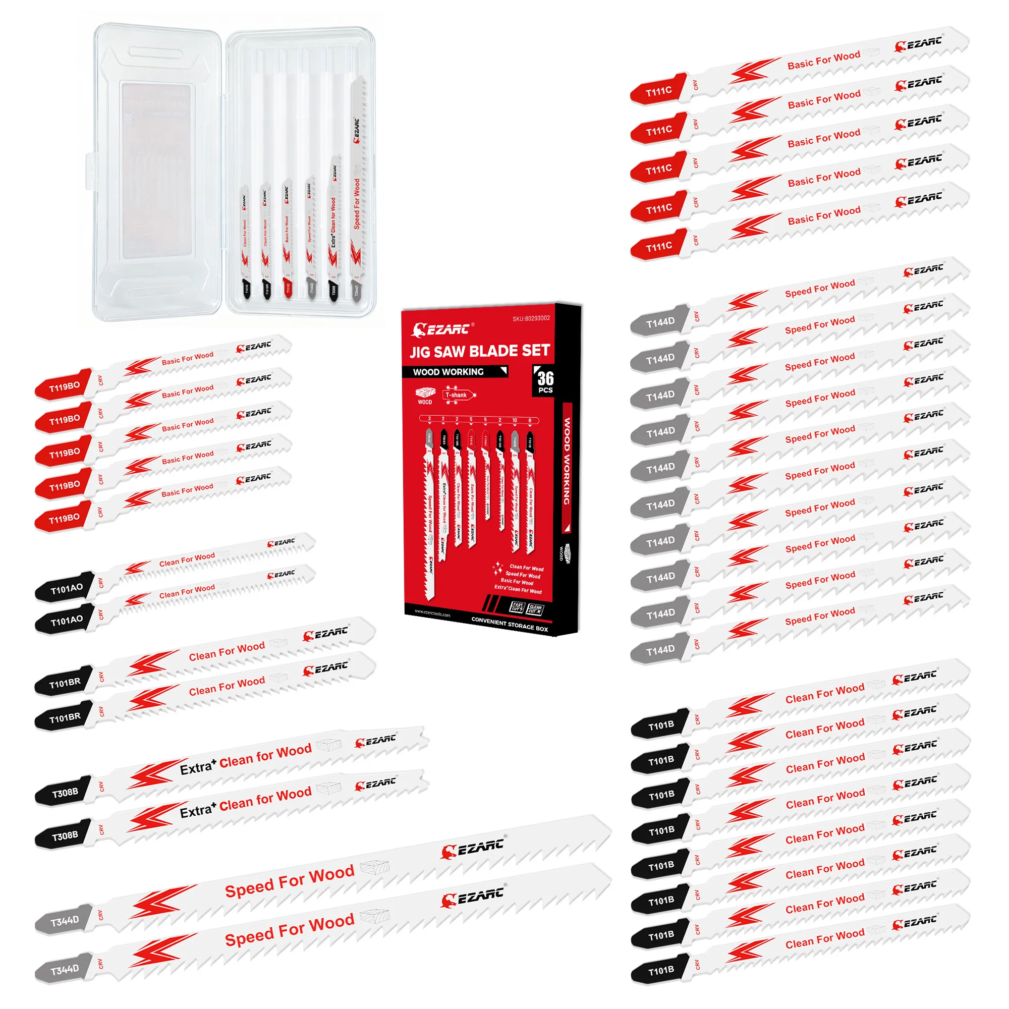 EZARC 36PC Jigsaw Blades Set Assorted T-Shank for Woodworking(Laminate/ Plywood/ Furniture) Jig Saw Blades Smooth Curve Cutting
